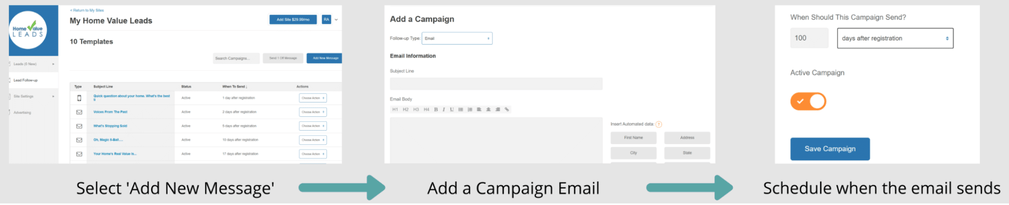 Screenshot of Email set up schedule when to send emails