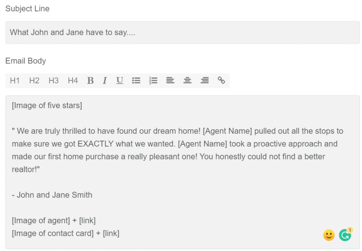 Screenshot of example of the testimonial email