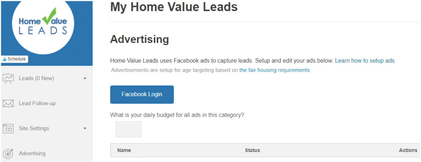 home value leads facebook ads setup screen