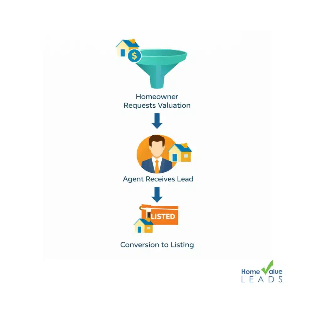 Home valuation lead funnel: Homeowner requests valuation, agent receives lead, lead converts to listing