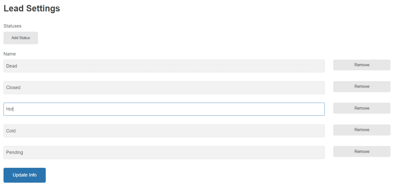 Screenshot showing the lead settings configuration in the home value leads software