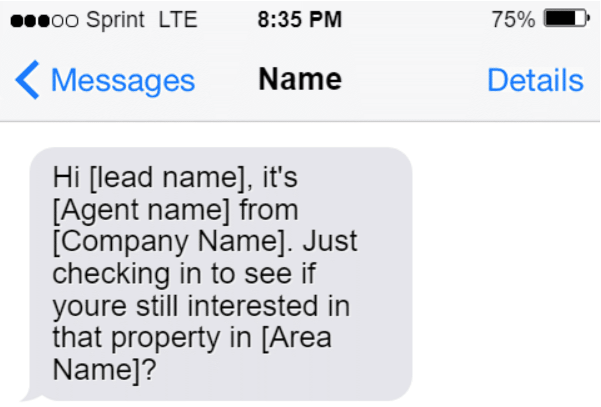 Screenshot of SMS Message example Prompting a Passive Lead