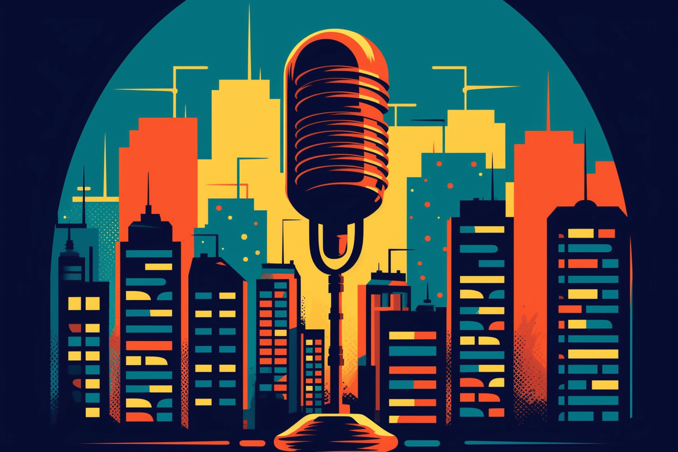 Colorful image, with a big podcast microphone and city building at the back