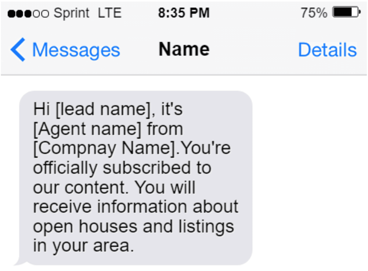 Screenshot of SMS Message example welcoming a new subscriber